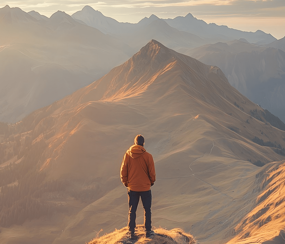 Person standing on mountain peak at sunrise.