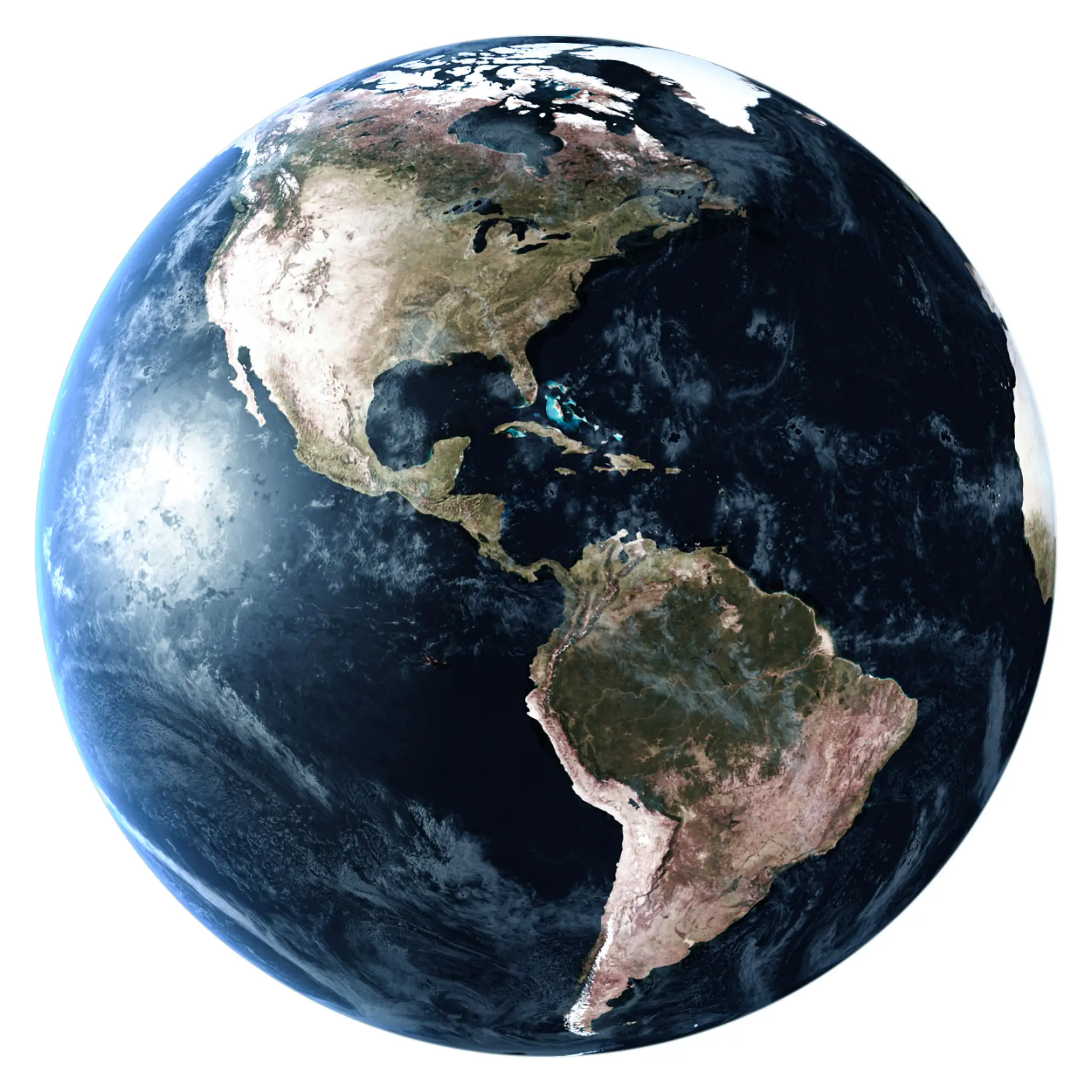 A detailed Earth image showing North and South America with cloud cover.