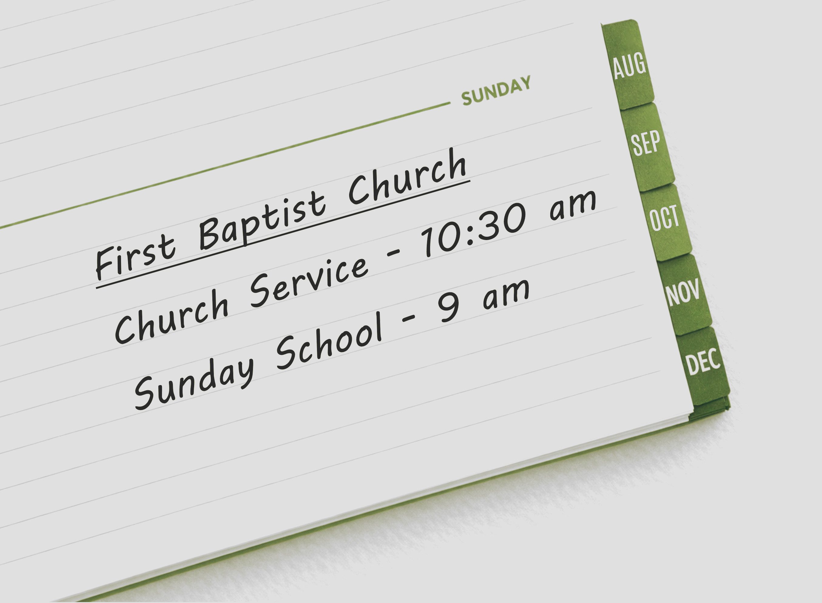Sunday Calendar Page with service times grn